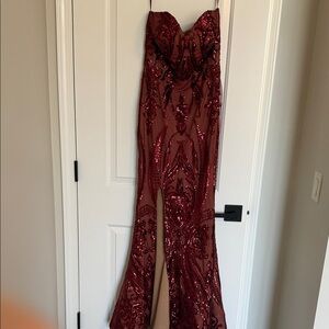 Sequin Embellished Burgundy Strapless Jumpsuit